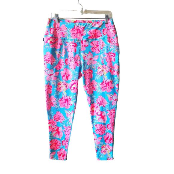 Simply Southern Womens Tropic Yoga Pants Size Large NWT Pink Blue Hibiscus - Picture 2 of 4